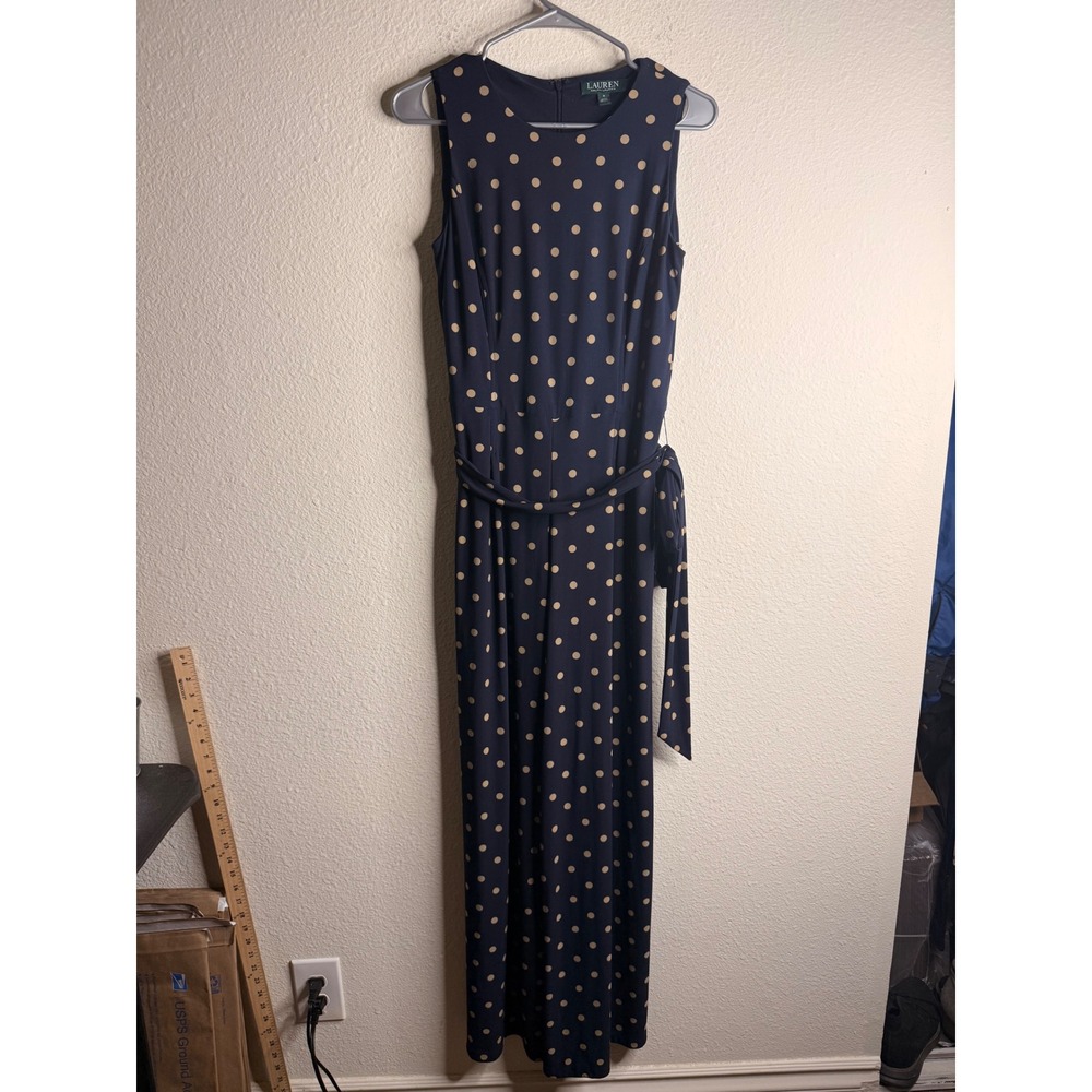 Lauren Ralph Lauren Polka Dot Jumpsuit Womens 6 Navy Wide Leg Belted Retro